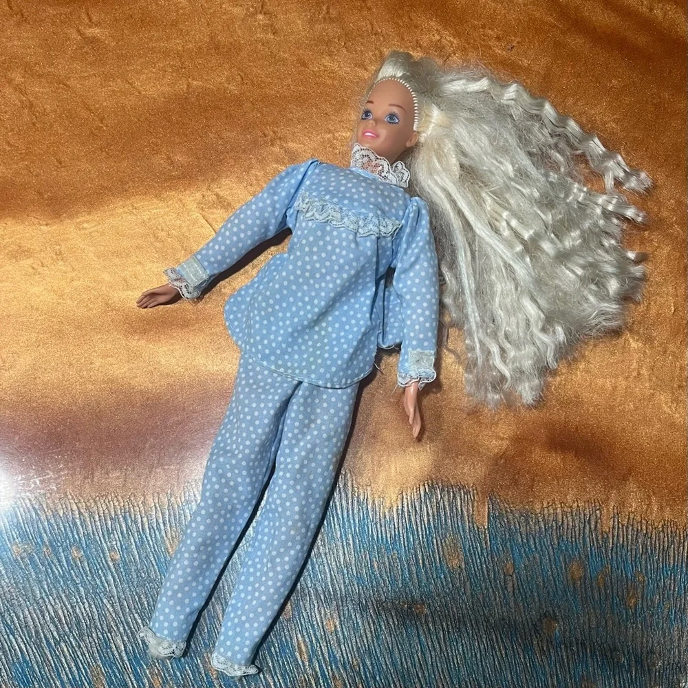 Vintage 90s Slumber Party Soft Body Barbie with blue pajamas crimped hair